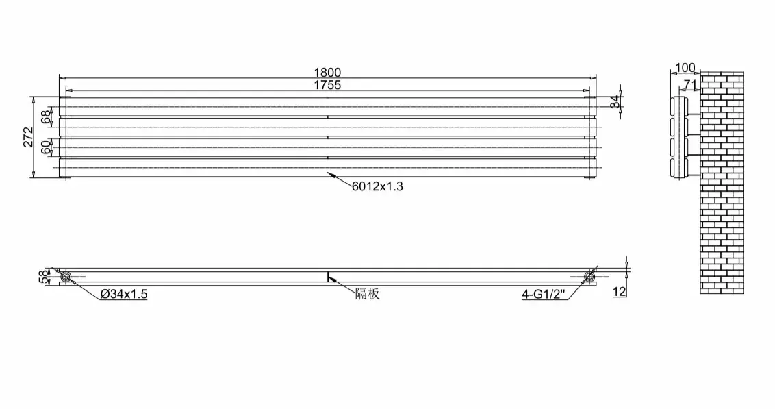 Горизонтальний дизайнерський радіатор опалення ARTTIDESIGN Livorno ІІ G 4/272/1800 сірий матовий Фото - 2